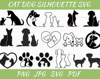 Silueta de gato y perro SVG: Clipart de animales de la amistad (Descarga digital, archivo PNG)
