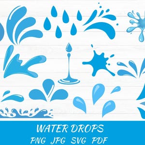 Op de afbeelding: Een set van 16 blauwe illustraties van waterdruppels en spatten. De illustraties zijn in verschillende vormen en maten, waaronder enkele druppels, spatten en golven. De illustraties zijn perfect om een vleugje whimsy toe te voegen aan elk ontwerp project.