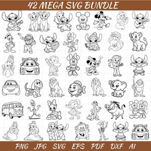 May include: A collection of 42 black and white SVG designs featuring various cartoon characters. The images include characters like Mickey Mouse, Simba, Stitch, and others. The text "42 MEGA SVG BUNDLE" is at the top, with file type abbreviations at the bottom.