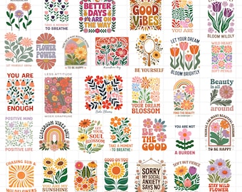 Paquete de 35 archivos SVG con motivos florales bohemios cristianos: citas sobre la fe y flores retro (SVG, PNG).