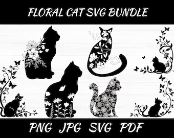 花柄猫SVG：花のクリップアート、猫の顔のベクター（カットファイル）