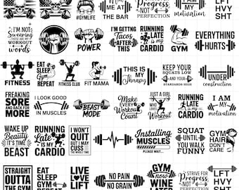 Paquete de 50 archivos SVG para entrenamientos: frases motivacionales para el gimnasio y el fitness (descarga digital)