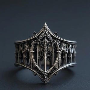 May include: A silver ring featuring an intricate, raised architectural design that mimics pointed arches and vertical columns. The metal has a dark, oxidized finish in the recessed areas, highlighting the detailed, repeating structural patterns.