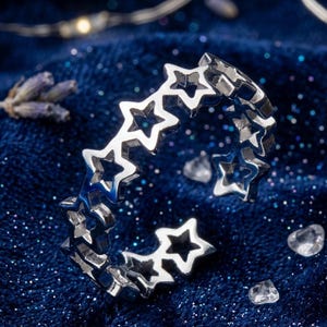 May include: A silver ring featuring a repeating star design. The ring is set against a dark blue, textured background with sparkling accents, creating a celestial aesthetic. The ring's design is open, with the stars forming a continuous band.