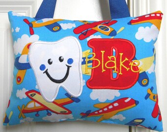 Tooth Fairy Pillow - Airplanes - Custom Made, Personalized, Opt. Tooth Chart, Baby Gift, Shower Gift, Christmas Gift, Birthday