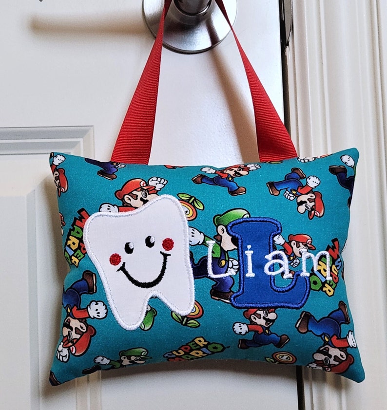 Tooth Fairy Pillow Super Mario, Personalized, Custom Made, Tooth Chart, Baby Gift, Shower Gift, Christmas Gift, Child's Keepsake image 3