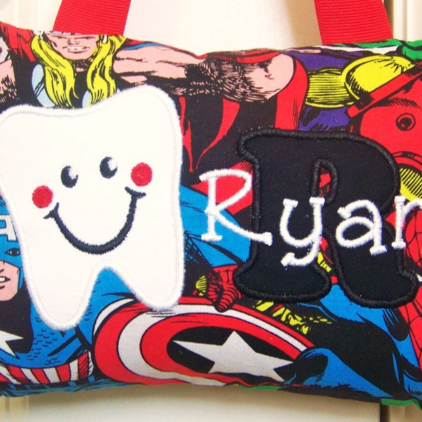 Tooth Fairy Pillow - Super Heroes, Captain America, Boutique, Custom Made, Baby Gift, Opt. Tooth Chart, Shower Gift, Boys Personalized,