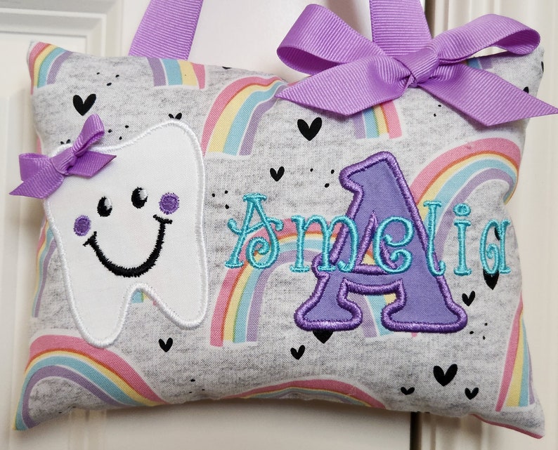 Tooth Fairy Pillow Rainbows, Personalized, Custom Made, Baby Gift, Shower Gift, Christmas Gift, Birthday Gift Toddler, Child's Keepsake image 1