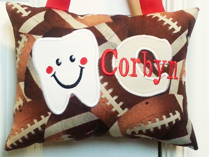 Tooth Fairy Pillow Footballs Custom Made, Optional Tooth Chart, Boutique, Baby Gift, Toddler Gift, Shower Gift, Christmas Gift, Boy's image 1