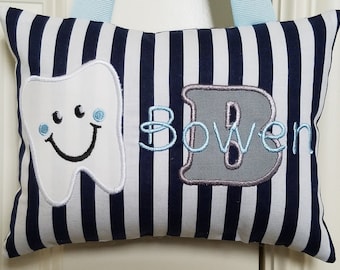 Tooth Fairy Pillow - Navy and White Stripe, Personalized, Custom Made, Opt. Tooth Chart, Baby Gift, Shower Gift, Birthday, Keepsake,