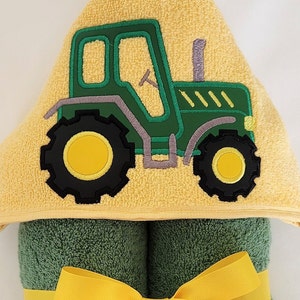 Kids Hooded Towels Green Tractor, Personalized, Toddler Gift, Shower Gift, Toddler Towel, Child Christmas Gift, Hooded Bath Towel, image 1