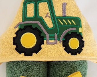 Kids Hooded Towels - Green Tractor, Personalized, Toddler Gift, Shower Gift, Toddler Towel, Child Christmas Gift, Hooded Bath Towel,