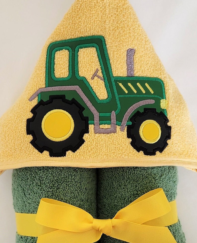 Kids Hooded Towels Green Tractor, Personalized, Toddler Gift, Shower Gift, Toddler Towel, Child Christmas Gift, Hooded Bath Towel, image 1