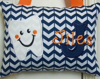 Tooth Fairy Pillow - Navy Chevron with Orange, Boutique, Custom Made, Opt. Tooth Chart, Baby Gift, Shower Gift, Christmas Gift, Personalized