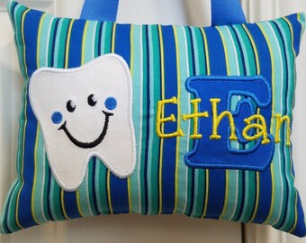 Tooth Fairy Pillow - Blue Stripes, Personalized, Custom Made, Optional Tooth Chart, Baby Shower Gift, Christmas Gift, Childs Keepsake