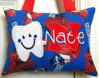 Tooth Fairy Pillow -  Spiderman - Personalized, Baby Shower Gift, Custom Made, Opt. Tooth Chart, Birthday Gift, Christmas Gift,