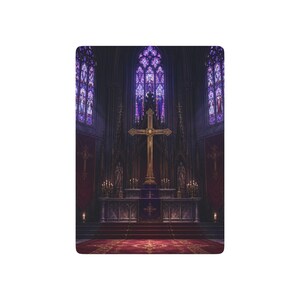 May include: A gold cross stands on an altar inside a cathedral with purple stained glass windows. The scene features a red carpeted floor, stone architecture, and lit candles on either side of the altar, creating a dark and solemn atmosphere.