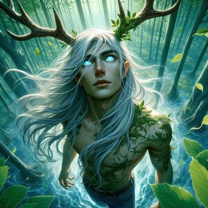 May include: A fantasy illustration of a person with white hair and blue eyes, wearing a crown of leaves and antlers. The person is surrounded by a forest setting with green leaves and trees.
