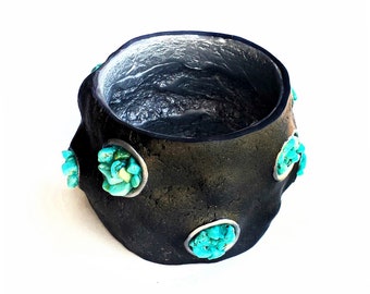 Faux Leather and Turquoise Nuggets Bangle