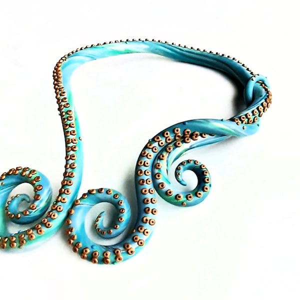 Octopus Tentacle Curls Necklace in Marbled Blue Green White and Gold