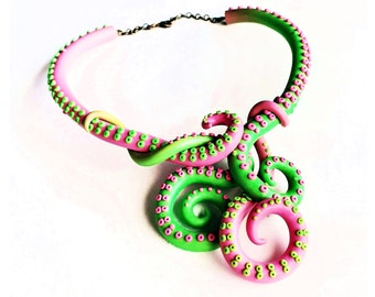 Octopus Tentacle Curls Necklace in Lime Green and Pink Ombre