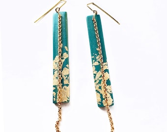 Jade and Gold Long Rectangle Earrings