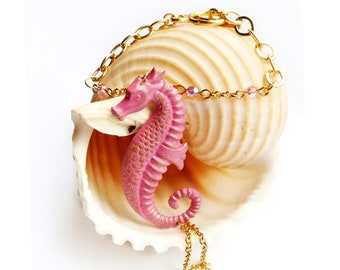 Seahorse Hand Bracelet Pink and Gold