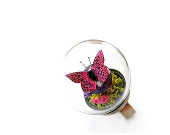 Pink Butterfly Purple Mushroom Mini Terrarium Glass Globe Ring