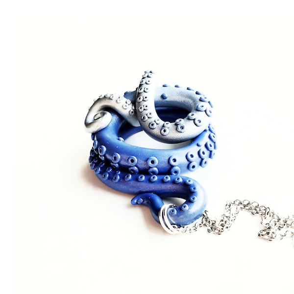 Curled Octopus Tentacle Ombre Blue and Silver Pendant