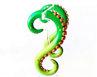 Large Octopus Tentacle Fake Gauge Earrings in Green and Orange