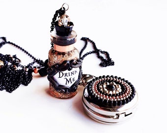 Alice in Wonderland 'Drink Me' Bottle and Pocket Watch Double Necklace with Swarovski Crystals Black Copper and Silver