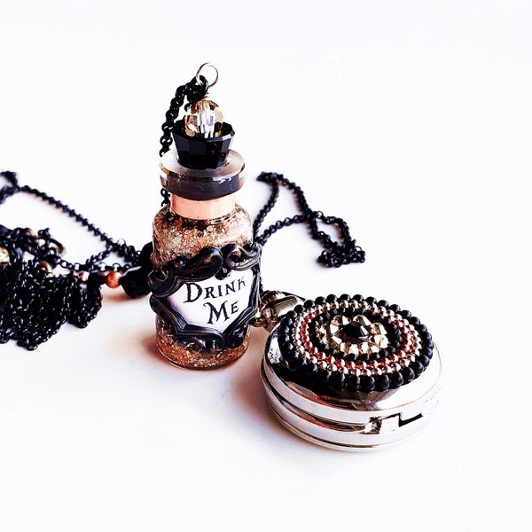 Alice in Wonderland 'Drink Me' Bottle and Pocket Watch Double Necklace with Swarovski Crystals Black Copper and Silver