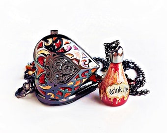 Alice in Wonderland 'Drink Me' Bottle and Heart Pocket Watch Double Necklace with Swarovski Crystals Red Orange Gold Gunmetal