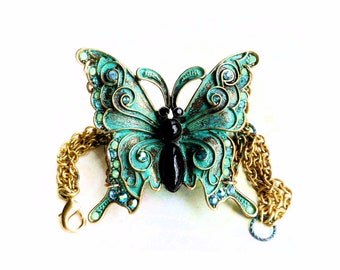 Bronzefarbenes, türkisfarbenes und blaugrünes Patina-Schmetterlingskristall-Armband