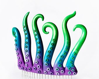 Octopus Tentacles Large Hair Comb in Purple Turquoise/Teal and Lime Ombre