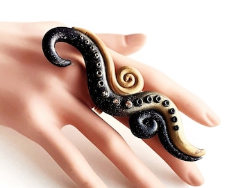 Full Finger Vertical Crystal Octopus Tentacles Adjustable Ring, Black Sparkle and Gold Ombre with Crystals