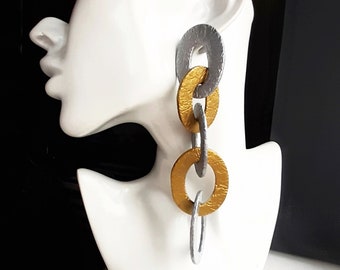 Oversize Hammered Chain Link Silver and Gold Earrings