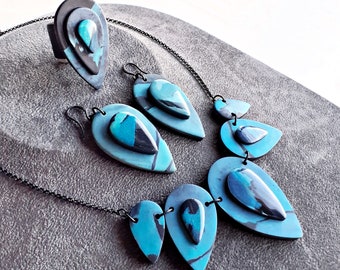 Teardrop Necklace Ring and Earring Set in Jade Teal and Black