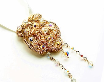 14k Gold Sculpted Wire Pendant  with Swarovski Crystals