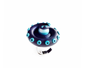 Octopus Tentacle and Pearl Adjustable Ring Black and Turquoise