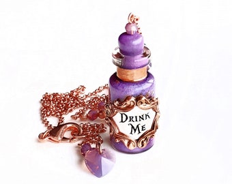 Alice in Wonderland Lilac Purple 'Drink Me' Bottle Necklace with Swarovski Crystals in Cyclamen Opal and Copper