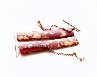 Dark Red and Copper Long Rectangle Earrings