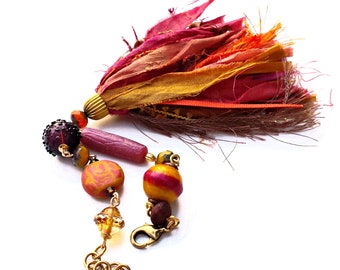 Sari Silk Fibre Large Tassel and Beads Boho Bracelet