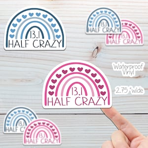 May include: A set of four waterproof vinyl stickers featuring a rainbow design with hearts and the text "13.1 HALF CRAZY". The stickers are 2.75 inches wide.