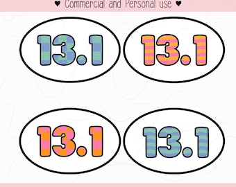 Op de afbeelding: Vier digitale ontwerpen van het getal 13.1 in een cirkel. De getallen zijn in verschillende kleuren en patronen, waaronder roze, oranje, blauw en groen. De tekst "INCLUDES: SVG PNG JPG FILES" staat onderaan de afbeelding.