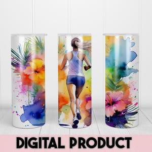 Runner 20 oz tumbler magro design sublimazione download digitale immediato PNG donna jogging maratona ragazza che corre stile fiore di ibisco
