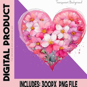Rosa Herz PNG Aquarell Blume Sublimationsdesign floral Stil digitale Kunst trendige Clipart für Grußkarten BFF Freundinnen herunterladen