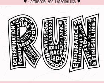 Può includere: Progettazione digitale in bianco e nero della parola "RUN" con parole relative alla corsa che circondano ogni lettera. Le parole includono "determinazione", "concentrazione", "intervallo", "atleta", "frequenza cardiaca", "cardio", "corridore", "recupero", "perseveranza", "obiettivo", "gara", "allenamento", "giri", "distanza", "secondo fiato", "resistenza", "PR", "intensità", "velocità", "andatura", "tempo", "duelli", "linea di arrivo", "divertimento".