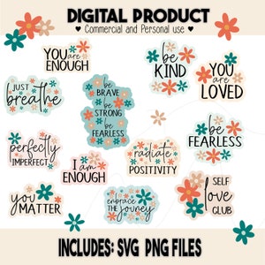 Trendy cute flower sublimation design boho aesthetic mental health quote PNG bundle inspirational positive affirmations print or cut files