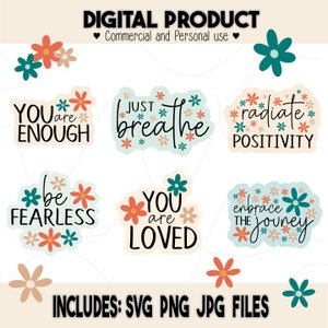 Trendy cute floral sublimation design boho aesthetic mental health quote PNG bundle inspirational positive affirmations print or cut files